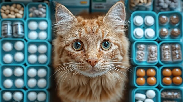 Top view of a veterinarian clinic table with pet care supplies and medical items.