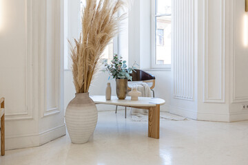 bright interior design of spacious living room with white walls and decorative unique historical moldings on ceiling stylish modern furniture in warm colors without people daylight through the windows