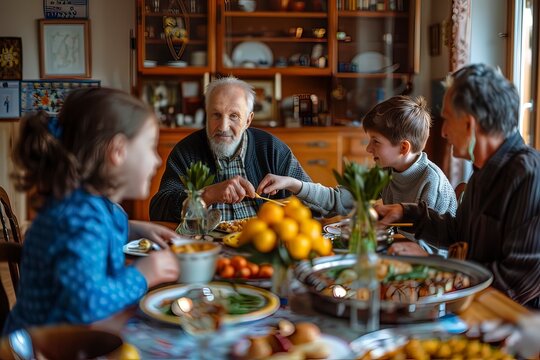 Jewish family with children and grandparents sharing a meal in a warm, cozy home