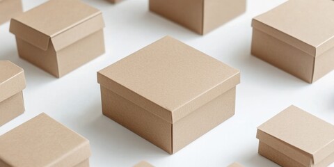 Minimalist Beige Blank Box Mockup on Abstract White Background: Elegant Packaging Design Template for Versatile Storage and Shipping Solutions. Stylish Composition with Gradient Texture, Emphasizing P