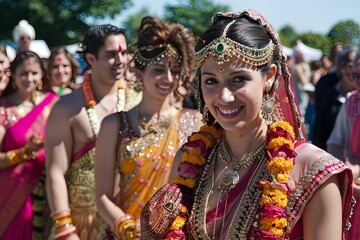 Fototapeta premium Smiling Hindu bride with bridal party during outdoor wedding procession