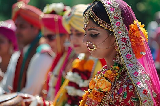 Hindu wedding procession with traditional attire and rituals