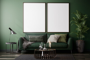 Modern style green wall living room with blank picture frame for copy space 3d render decorated with green leather sofa and palm tree
