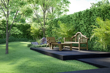 Modern contemporary black stone terrace with wooden outdoor furniture landscape garden design idea 3d render