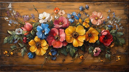 A tole painting on a wooden panel, depicting a colorful bouquet of wildflowers and vines with fine brushstrokes and vivid details