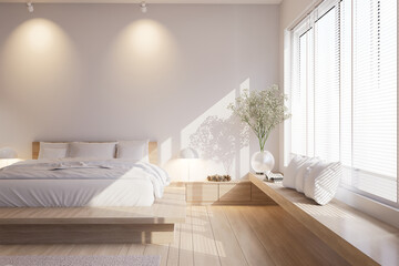 Minimal style modern contemporary white bedroom interior with wooden furniture 3d render with large windows natural light shines into the room.