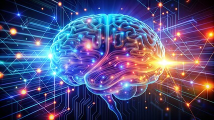 Illustration of a human brain with glowing neon lights and circuits, representing innovative ideas, creativity, and futuristic thinking in a digital landscape.