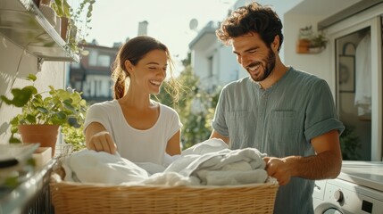 A couple folding laundry together, each handling different items with ease and laughter as they complete the chore.