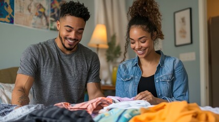 A couple folding clothes on the bed, each contributing to the task while sharing smiles and conversation.