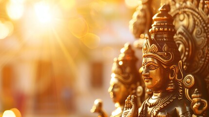 Fototapeta premium close-up of golden statue Hindu deity in warm sunlight