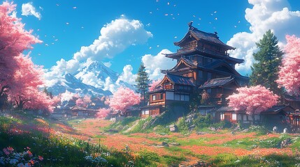 Naklejka premium Traditional Japanese House with Cherry Blossoms and Mountain View.