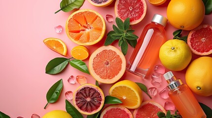 Naklejka premium vitamin c skincare products with sliced grapefruit on a pink background flat lay
