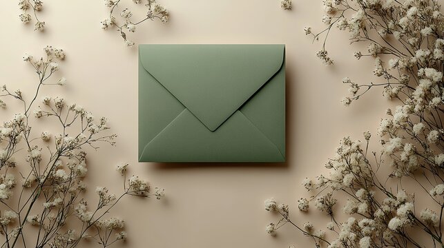 Minimalist wedding invitation template with green envelopes on a pastel beige background, featuring a flat lay of dried flowers.