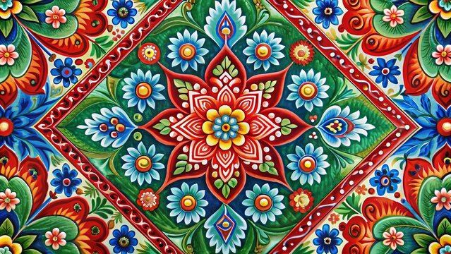 Intricate Geometric Patterns With A Traditional Bavarian Folk Art Style In Vibrant Red, Green, And Blue.