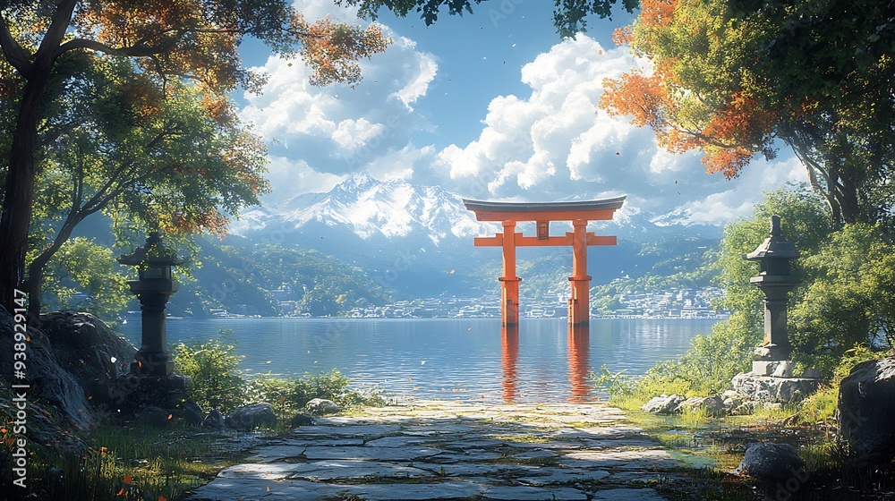 Poster Traditional Torii Gate Leading to a Serene Lake and Mountain Landscape.