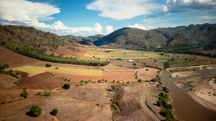 Aerial view of crops and mountains in Mae Sot Thailand