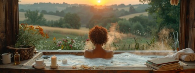 black , african american woman in outdoor bath in blurred autumn background. take care of yourself, unity with nature concept. moments of relax. banner