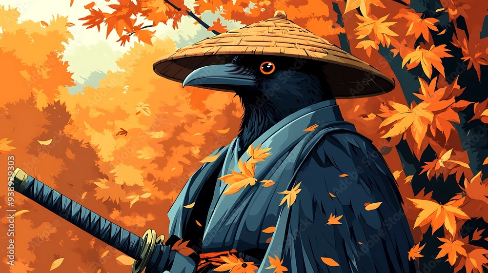 Sticker Raven Samurai in Autumn.