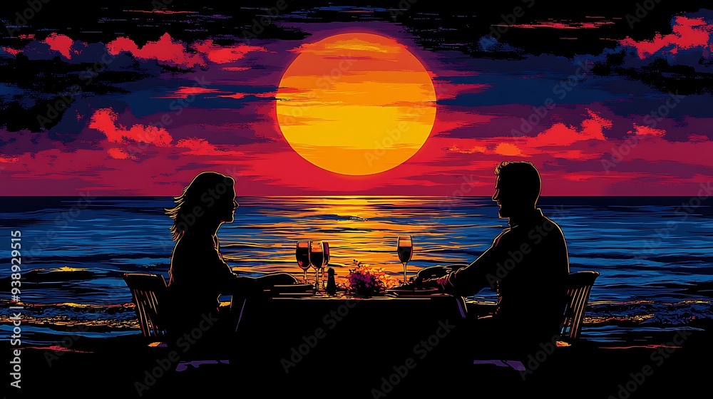 Sticker Silhouette of a Couple Enjoying a Romantic Dinner by the Sea at Sunset.