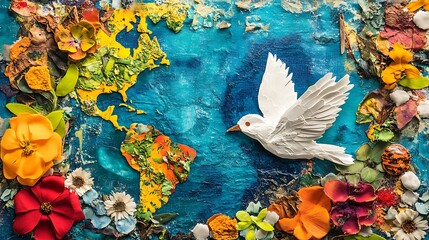 Peace Dove on a World Map Made of Flowers