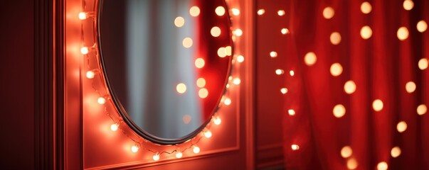 Softly glowing LED lights around a mirror, creating a warm holiday dressing room