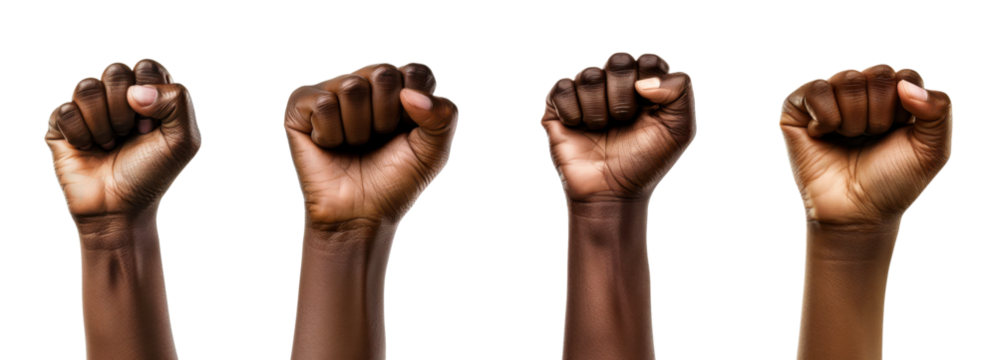 Raised fists of diverse hands isolated on transparent background
