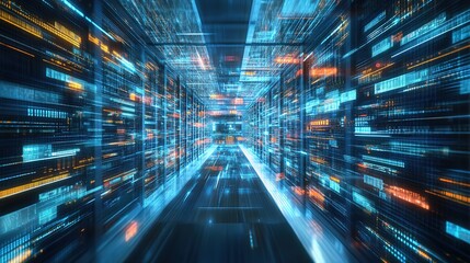 Digital information flow through a futuristic data center, emphasizing technology and connectivity