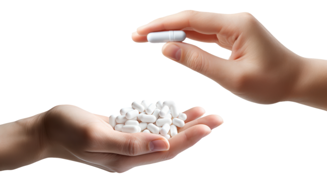 Close-up of hands holding and offering white pills isolated on transparent background 