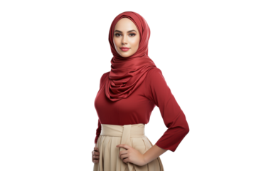 Confident woman in hijab and red dress isolated on transparent background