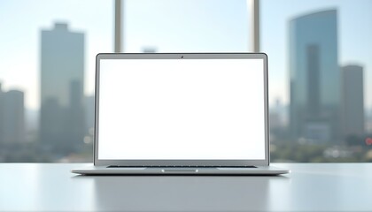 Fototapeta premium Mock up of a white screen laptop placed on a table. Skyscraper background 