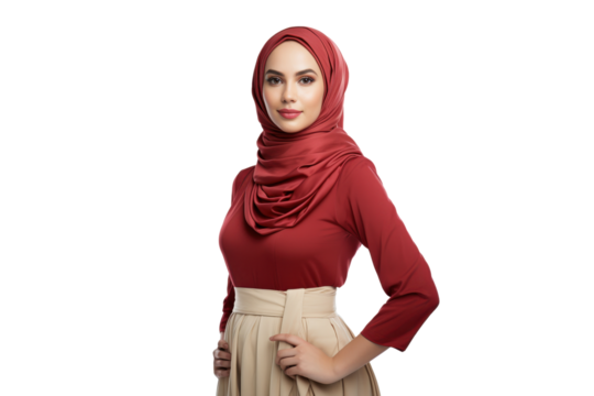 Confident woman in hijab and red dress isolated on transparent background 