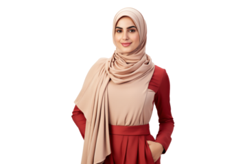 Confident woman in hijab and red dress isolated on transparent background 
