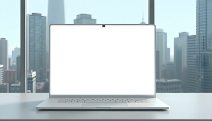 Fototapeta premium Mock up of a white screen laptop placed on a table. Skyscraper background 