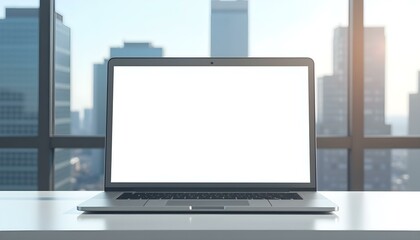 Fototapeta premium Mock up of a white screen laptop placed on a table. Skyscraper background 