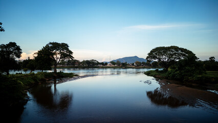 Aerial view of Tak city with the river iat sunset n Northern Thailand