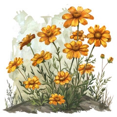 A vibrant bouquet of colorful flowers with marigolds, daisies, and bright blossoms in shades of yellow, orange, and red, surrounded by lush green leaves, capturing the beauty of summer and spring