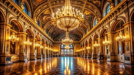 Low-Light Shot Of A Museum'S Grand Hall, Showcasing Intricate Architecture And Muted Golden Light From Antique Chandeliers.