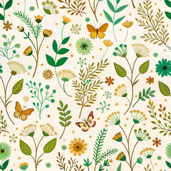 Seamless pattern minimalist style little floral herbs and butterflies 