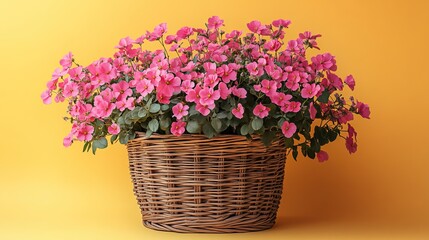 Wicker basket of pink flowers on pastel yellow background. Happy Mother's Day birthday International Women's Day banner design.