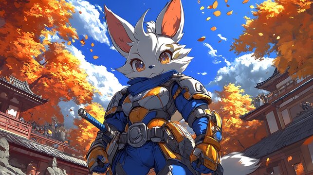 A Furry Warrior Stands in Front of a Traditional Japanese Building.