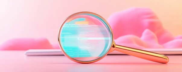 Magnifying glass inspecting digital data, search results on screen, 3D illustration