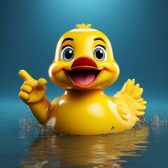 escena renderizada en 3D de un personaje de juguete con forma de pato de goma en el agua, diseñada...