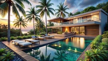 Luxurious modern villa with infinity pool and outdoor lounge area surrounded by lush greenery and swaying palm trees on a tropical island coastline.