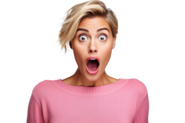 Surprised young woman, shocked expression, isolated on transparent background