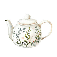 Watercolor Teapot With Floral Design Isolated on transparent background, png.