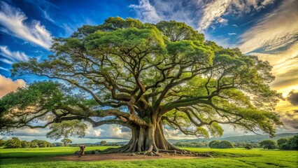 Majestic And Ancient Tree Towering Over The Surrounding Landscape, Its Gnarled Trunk And Expansive Canopy A Testament To Its Enduring Life.