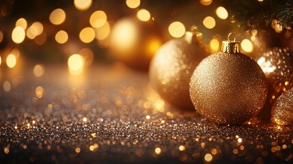 Fototapeta premium Golden LED lights reflecting off holiday ornaments, creating a cozy, warm glow
