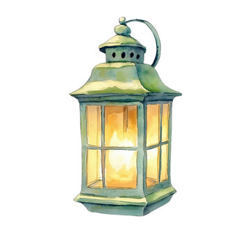 A vintage lantern watercolor illustration with a glowing light. The detailed painting captures the warm glow and classic design of the lantern. Isolated on transparent background, png.