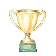 Golden trophy watercolor illustration symbolizing achievement and success. The artwork features a detailed, classic design with handles. Isolated on transparent background, png.