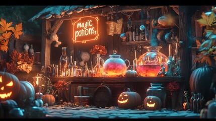 Obraz premium Halloween festival booth run by a witch, with bubbling cauldrons of 